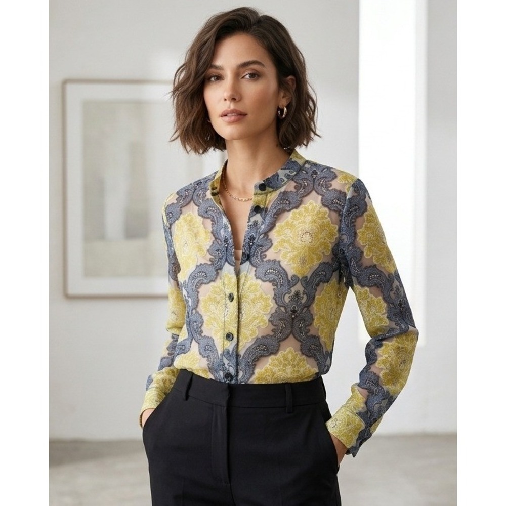 Petit Pois by Viviana G Cardigan L Yellow Grey Baroque Mesh Button Front Top Art